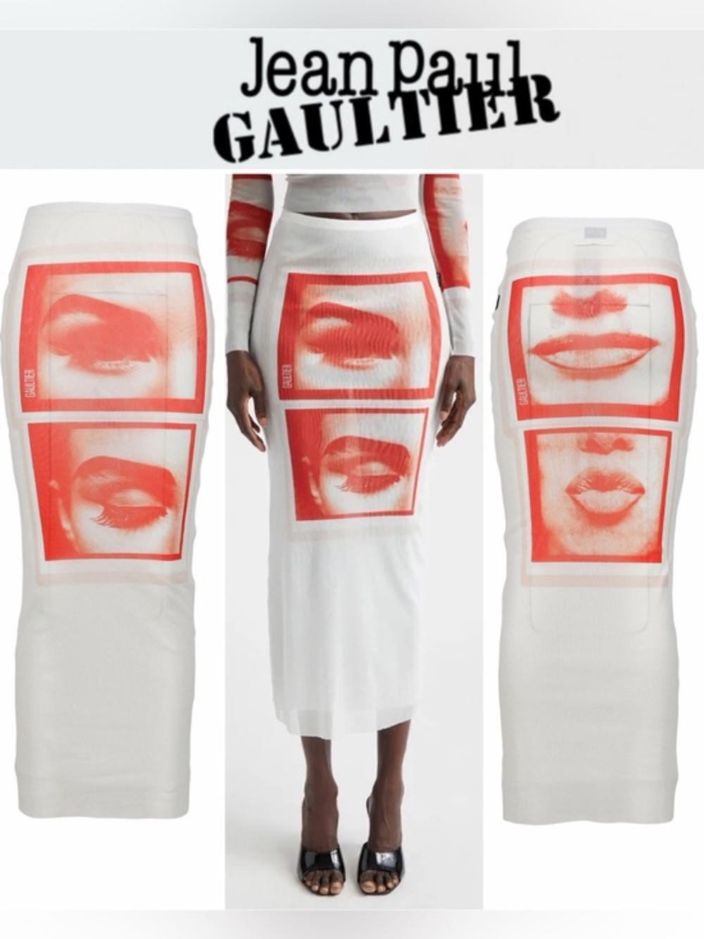 Jean Paul Gaultier Re-Edition Eyes & Lips Print Mesh Maxi Skirt White S $500